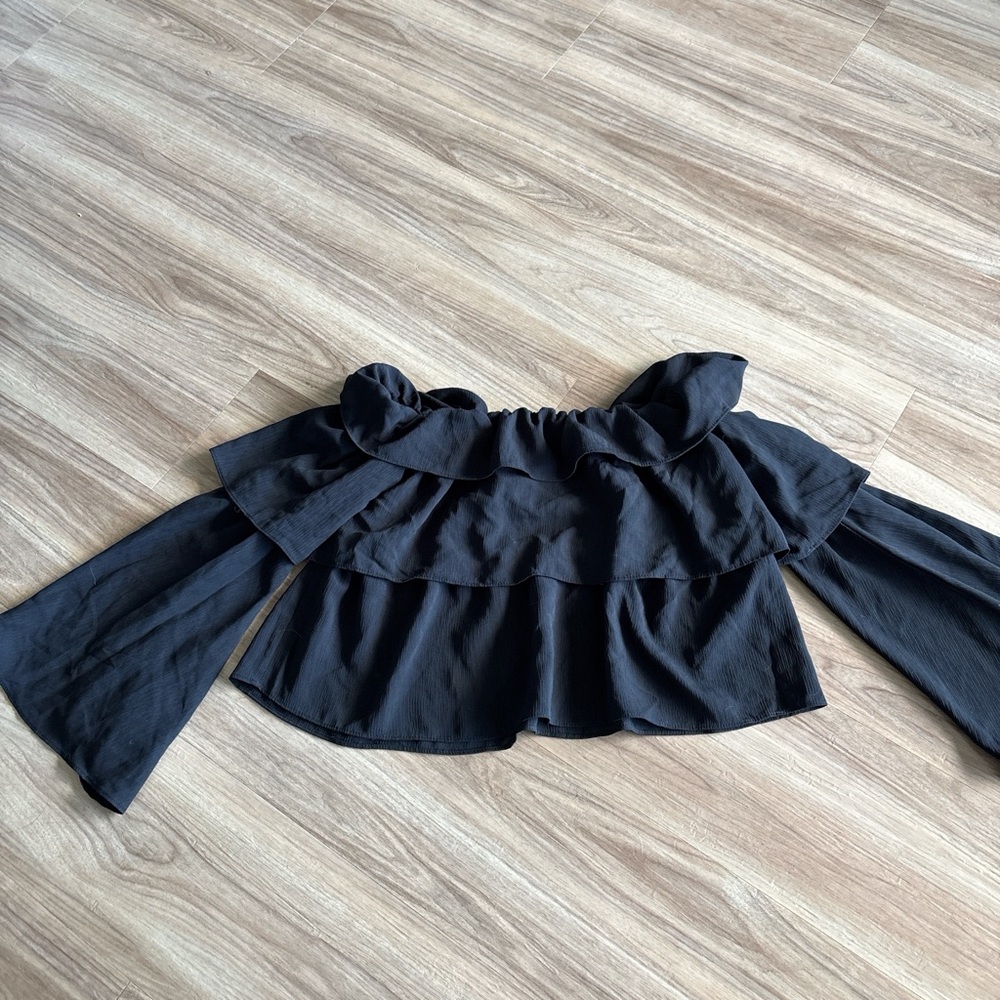 Black Ruffled Bell Sleeve Blouse